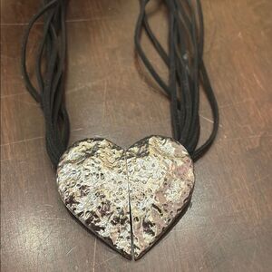 Textured Silver Heart Split Pendant Necklace with Black Multi-Strand Cord